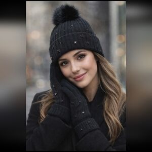 Victoria's Secret Black Knit Hat and Glove Set with Pom Pom